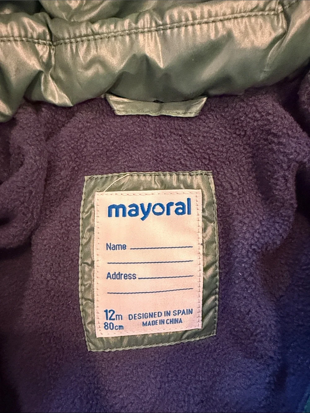 Mayoral Green Puffer Jacket with Red Hood Trim